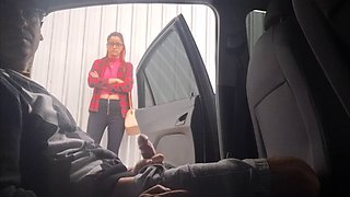 Risky handjob inside the car for student in public