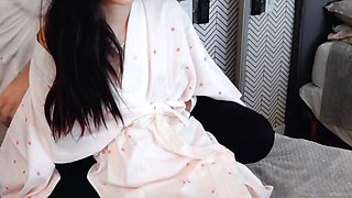 Pretty in a pink kimono - Japanese beauty plugged and fucked in his bedroom