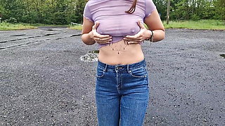 risky dressing up in the parking lot, flashing my tits in public.