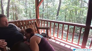 Ginger MILF Wife with Long Braids Gives Outdoor Blowjob and Pussy Licking on Porch