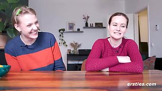 Hot German Lesbians Sally B & Emma K Fuck with Dildo - Hairy Pussy & Small Tits