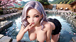 Forbidden Bath Under Cherry Blossoms: Silver-Haired Big Tit Girl's Wet Temptation Journey
