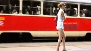 Blonde Amateur Takes Facial Outdoors In Public