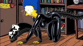 Halloween Hentai: Alien Simpsons Wife in Latex Costume Fucks Husband Hard in Wet Pussy