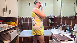 Blonde BBW Wife Enjoys a Hot Shower in the Bathroom