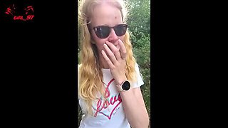 Skinny German teen with glasses gets outdoor facial in field - POV doggy fuck
