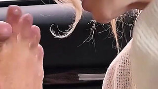 Story #12. Blonde MILF Licks the Driver's Feet and Sniffs Socks. Foot Fetish Car.