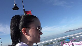 Beautiful brunette Imani Valor in hot glasses having sex on the beach.