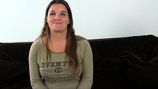 Brunette wife with big boobs gives blowjob