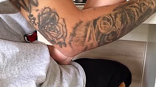 Horny Blonde step-mom gives her stepson lick her big tits before fuck