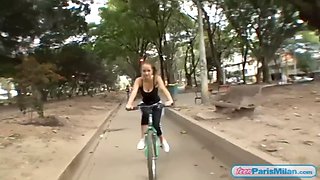 Busty fit teen slut cycles around town