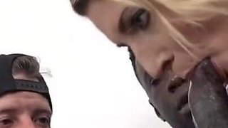 Couple with sexy blonde eager for black cock fucking in threesome