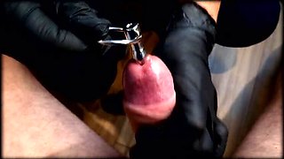 Extreme Close-Up CBT: Femdom Milking His Small Penis with Latex Gloves