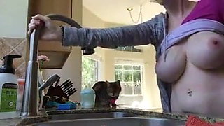 Huge boobs milf enjoying step son cock in kitchen