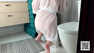 Stepmom Cleans the Bathroom in Her Sheer Dress. Slowly