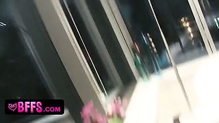 Pretty teen chicks pajama fest and one of the girls with glasses gets her vagina pounded by her mate dressed in strap-on dildo