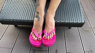 Pink Flip Flops on My Pretty Feet with Long Toes in Outdoor, Red Toenails Polish