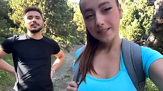 Sensual babe with perfect big tits sucks cock outdoors