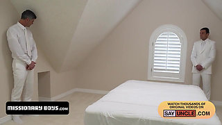 Lean missionary boy tight hole drips with his missionary partners sticky cum