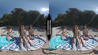 3 Babes Naked On Vacation Beach Picnic Playing Frisbee Searching For Shells And Bubbles