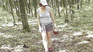 Sexy Milf without panties under skirt picks mushrooms in forest. Outdoor. Outside. No panties. In public. Outdoors. Ass. Pussy