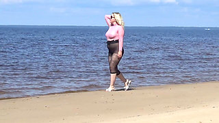 Funny MILF with Nylon Ass and Tits on Beach