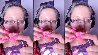 Asmr Teeth Candy Eating - Asmr, Eye Glasses, Gianess, Lipstick, Big Lips, Mough, Food, Face Fetish, Long Nails