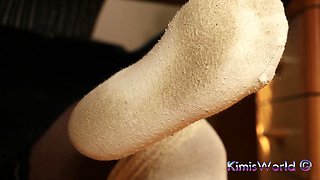 Layered Sock Tease - Dirty White Overknees & Ripped Black Nylons