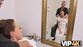 VIP4K. Hairdresser seduces sexy bride in wedding dress for a quickie