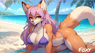 furry foxy nude on beach relaxing (Ai model)