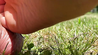 Stepmommy Barefoot Outside Plays in the Grass