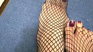Sexy Asian Legs and Tiny Feet with Long Toes in Fishnet Stocking Wearing High Heels