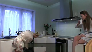 Girlfriends Lesbians have hot kitchen sex eats food from shaved pussy