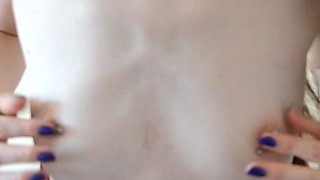 Small titted brunette teen fingering on the bed