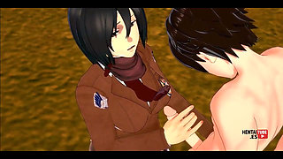 Shingeki No Kyojin Hentai - Mikasa Jerks off Eren, and Then He Fucks Her - Asian Japanese Manga Anime Hentai 3D Porn