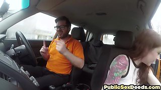 Inked beauty babe doggystyled in car
