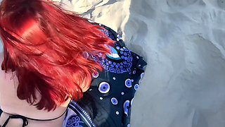 Public quickie blowjob by a booty redhead Latina babe in bikini