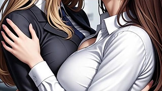 lesbians office girls kiss at work place (Ai animation)