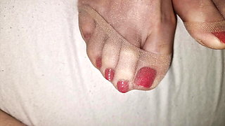 Cum on perfect wife's brown nylon feet - red polish pedicure