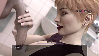 Nora gives Ales a deep throat blowjob in the nymph's restroom