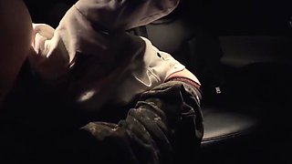Blonde babe moans loudly in the car, as he cums all over her pussy POV