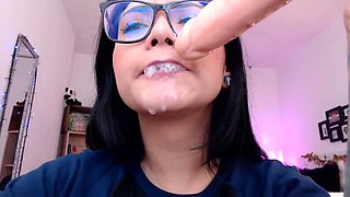 Cute latina with glasses gets sloppy with dildo - 2