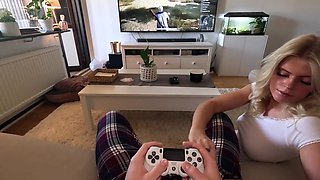 Cute teen Blonde in white socks and skirt interrupted my gaming with her wet pussy