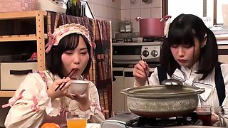 Three adorable Asian babes take turns enjoying a meat pole