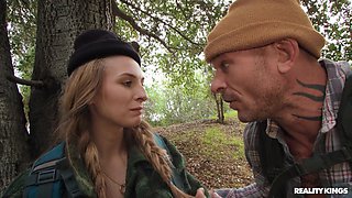Busty niece fucks with a stranger right in the woods while her step-uncle does not see.