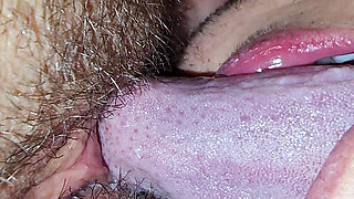 Full length hairy pussy licking & fingering close up