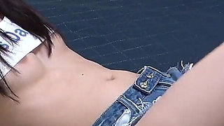Cute Japanese Girl Working Out in Apartment with Thong Short Denim Shorts Wedgie Crotch and Tits Sticking Out of Mini T-shirt