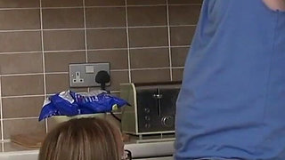 Stepmom Ashley R gets facialized and fucked by her stepson Luke H in the kitchen