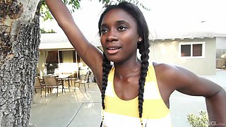 African ebony teen with pigtails Bonnie Amor rides a huge cock