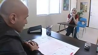 Sexy blonde teen lays on desk and get fucked by her teacher